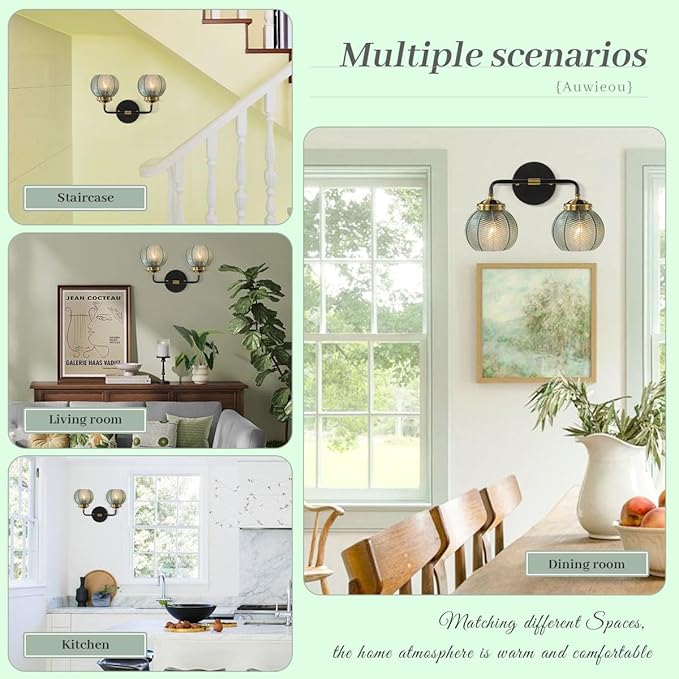 2 Light Black Bathroom Vanity Light Vintage Wall Sconce Glass Wall Sconce Light Wall lamp with Ribbed Green Glass Shade mid Century Bathroom Vanity Light Over Mirror for Bedroom Hallway Living Room