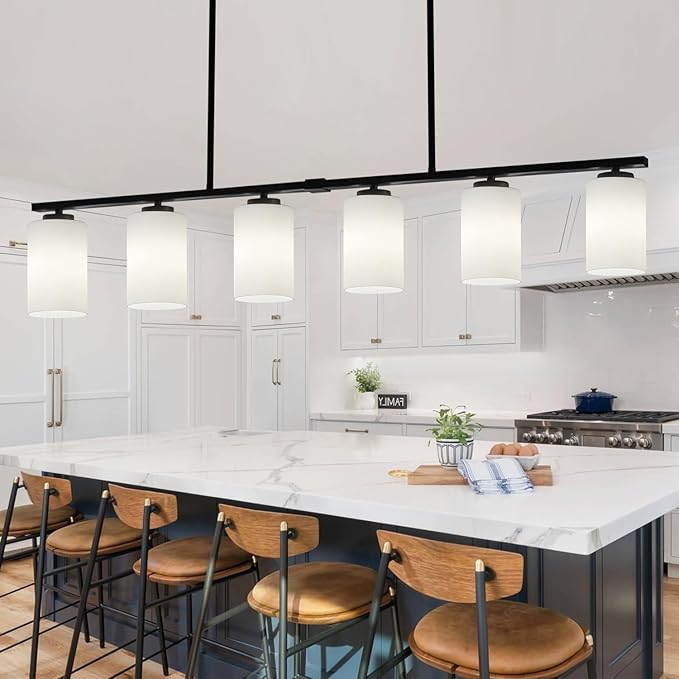 6-Light Modern Island Lights for Kitchen, Black Dining Room Light Fixtures Over Table, Pendant Lighting Over Island Kitchen Hanging Light Fixtures 45.27'' Large Chandeliers with Milky Glass Shades