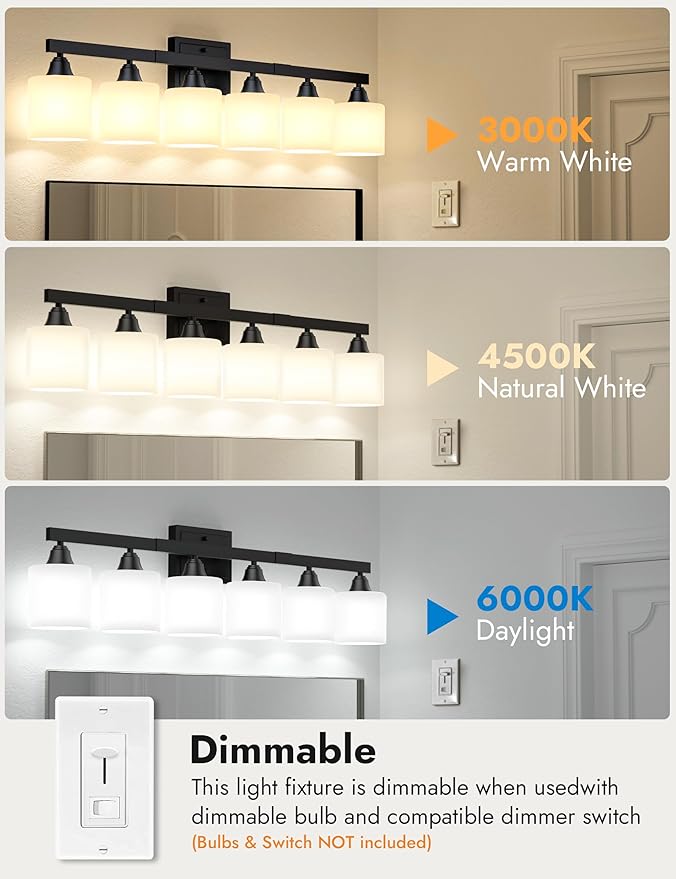 VOLISUN Matte Black Bathroom Light Fixtures, 6-Light Bathroom Vanity Lights Over Mirror, Modern Vanity Light for Bathrooms, Bathrooms Lights Fixtures Over Mirror with Milky White Frosted Glass Shades