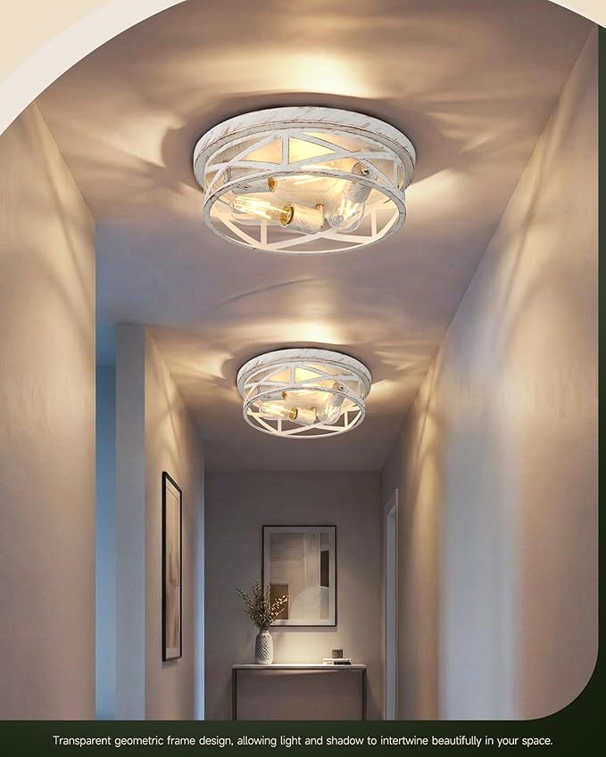 2 Pack Flush Mount Ceiling Light, 3-Light Close to Ceiling Light Fixtures, 13 Inch Metal Ceiling Lights for Bedroom, Living Room, Porch Kitchen (White + Gold)