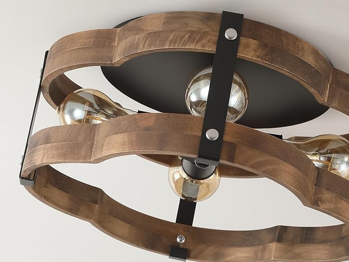 4-Light Rustic Farmhouse Wood Flush Mount Ceiling Light Fixture 14.17 inch Oak Wood and Metal Cloud Cage Semi Flush Mount Ceiling Light for Hallway Hall Entry Bedroom Farmhouse Indoor, Black