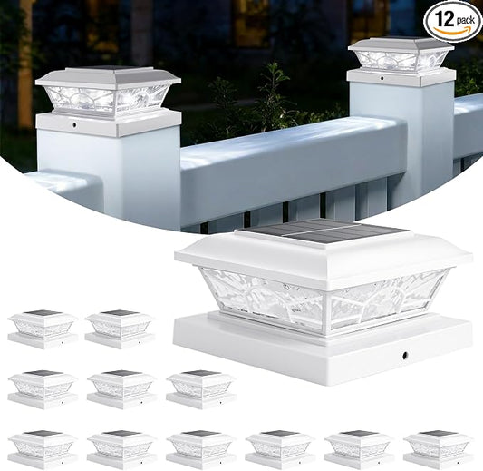 Brightever 4x4 3.5x3.5 Solar Post Cap Lights, 12-Pack Outdoor Solar Powered Fence Post Lights Fit Vinyl/Wood Posts, 2 Modes(Warm/Cool Light), Solar Waterproof Deck Post Lights for Garden, Patio, White