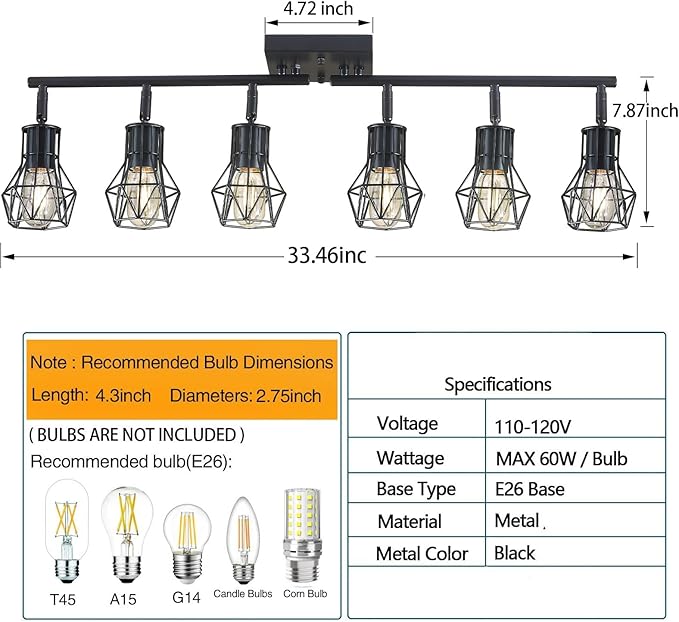 Black Track Lighting Fixtures Ceiling,6-Light Farmhouse Track Lighting with Metal Cage Design – Kitchen Lights Ceiling Mount for Kitchen, Living Room, Dining Room (E26 Base)