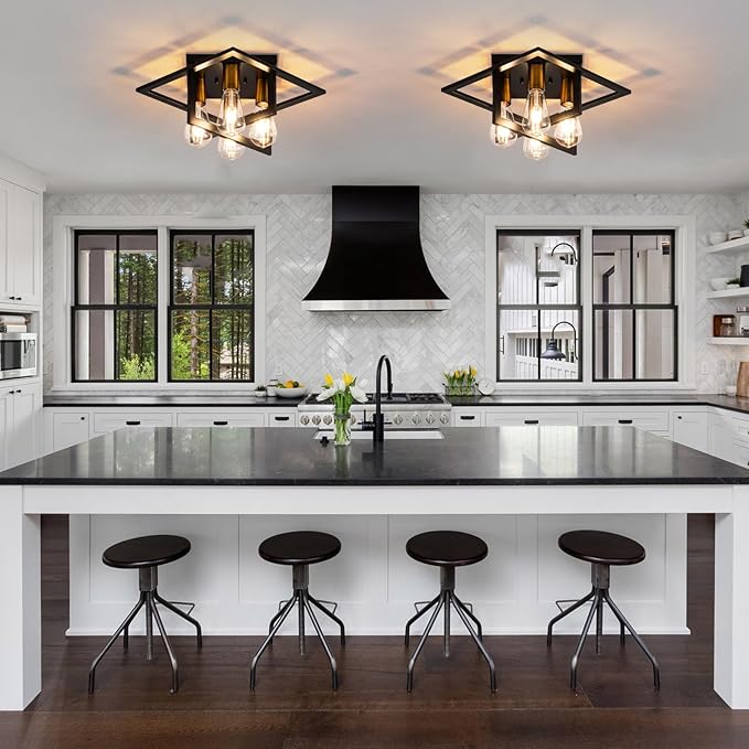 Semi Flush Mount Ceiling Light Fixture, 4 Light Industrial Ceiling Light,Black Frame & Gold Accent, Close to Ceiling Farmhouse Lighting for Kitchen, Bathroom, Bedroom, Hallway (E26,2-Pack)