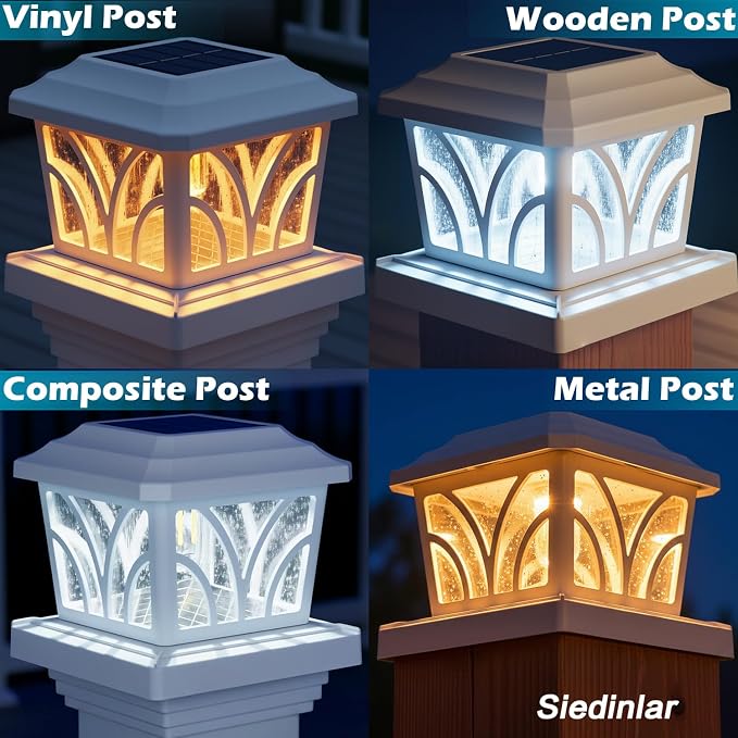 SIEDiNLAR Solar Post Cap Lights Outdoor, Aluminum Glass 2 Modes 20 Lumens Edison LED Bulbs for 4x4 5x5 6x6 Vinyl/Wooden Posts Deck Fence Patio Decor, Warm White/Cool White Lighting 1 Pack (White)