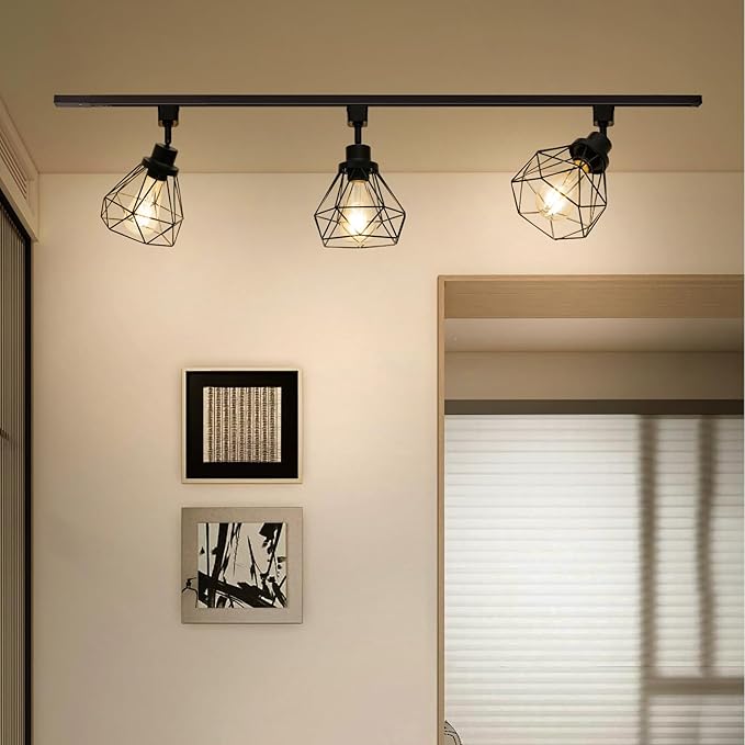 E26 Track Lighting Heads with Metal Cage, H Type LED Track Light Heads Compatible with H Type Track Rails, E26 Base Adapter Ceiling Light Fixture Direction Adjustable, Black (No Bulbs)