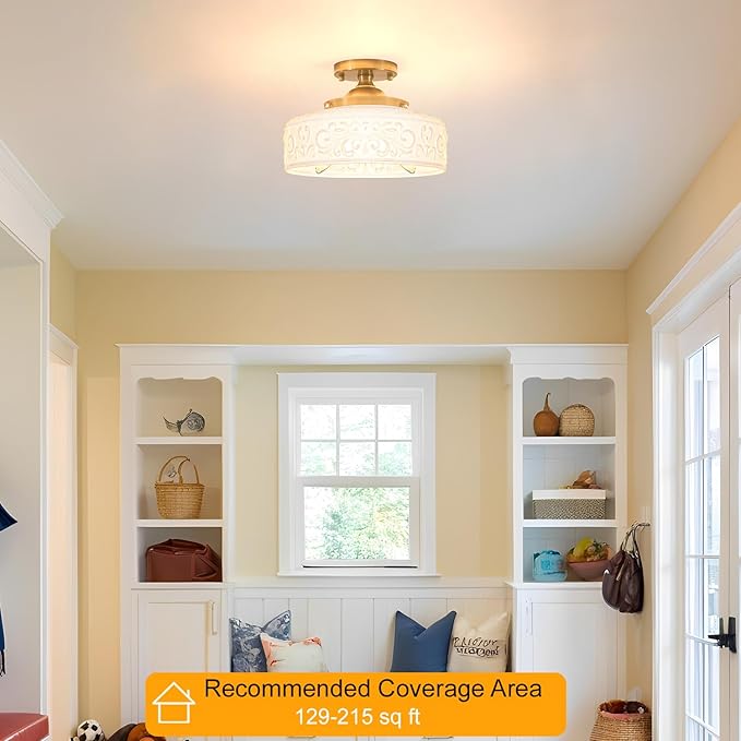 Gold Semi Flush Mount Ceiling Light with Hand-Carved Design - 12 Inch Vintage White Glass Shade with Etched Patterns, Easy Install 3-Light Fixture for Hallway, Kitchen, Bedroom
