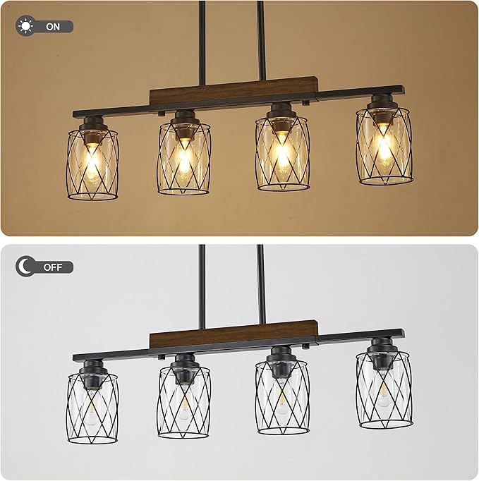 4-Light Dining Room Light Fixture/Chandelier Over Table, Island Lighting Hanging for Farmhouse Linear Chandeliers Matte Black Rustic Wood Ceiling Pendant Light Fixtures, with Clear Glass Shade