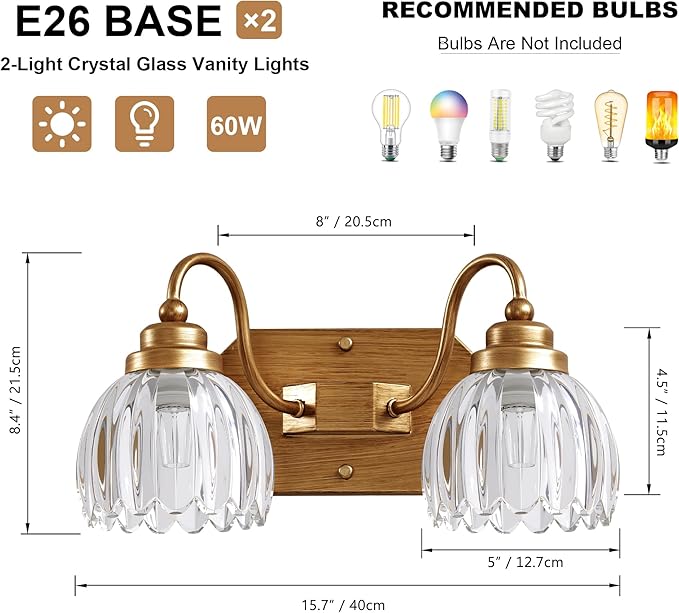 Gold Vanity Light, Vintage Bathroom Light Fixtures, 2-Light Matte Antique Brass Finish with Crystal Glass Shade, Mid Century Style Wall Sconces for Bedroom, Living Room