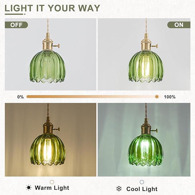 Mini Pendant Lights Kitchen Island, Small Adjustable Pendant Light Fixture with Green Tulip Glass Lampshade, Vintage Gold Pendant Lighting, Pendant Light for Bedroom Dining Room Hallway