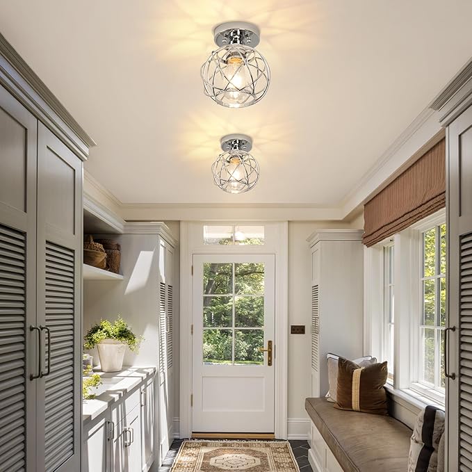 Hallway Ceiling Light Fixtures,Flush Mount Ceiling Lights Metal Cage Indoor Industrial Ceiling Lights E26 Semi Flush Mount Ceiling Light for Porch Entryway Foyer Bathroom(Chrome)