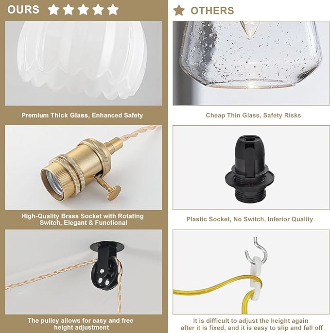 2 Pack Plug in Pendant Light Fixtures, Hanging Light Fixture Vintage Glass Pendant Light, Mini Milk White Tulip Hanging Lamp, Pendant Lighting for Kitchen Island, Bedroom, Dining Room, Living Room