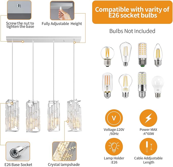 Chrome Pendant Lighting Modern Pendant Light, Mini Crystal Chandeliers,Adjustable Pendant Light Fixture for Kitchen Island Dinning Room Bedroom (4 Light)