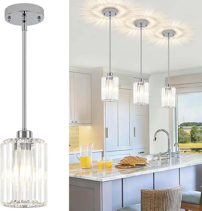 Chrome Crystal Pendant Lights Kitchen Island, Modern Kitchen Pendant Lighting Over Island Dining Room Light Fixtures Adjustable Hanging Pendant Light for Bathroom Hallway Entryway Bedroom Foyer
