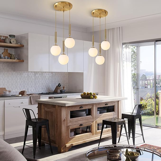 KCO Lighting 3-Lighs Cluster Pendant Lighting Mid Century Gold Globe Pendant Light Large Milk White Glass Chandelier Modern Kitchen Pendant Lighting for Living Room Dining Room
