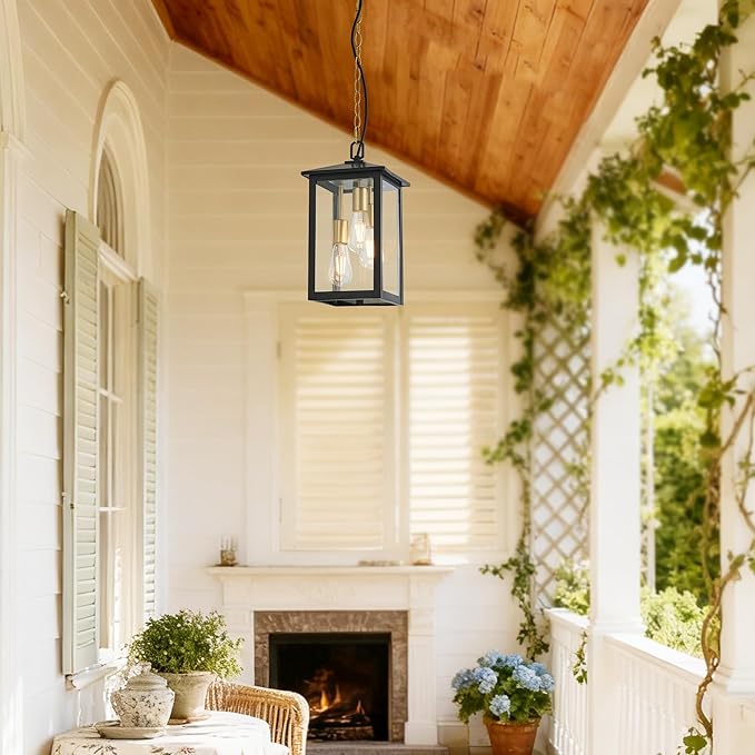 Large Outdoor Light Fixture,Pendant Light with Clear Glass Shade,3-Light Black&Gold Exterior Hanging Lantern for Front Porch Entrance Foyer Entryway (Bulb Not Included)