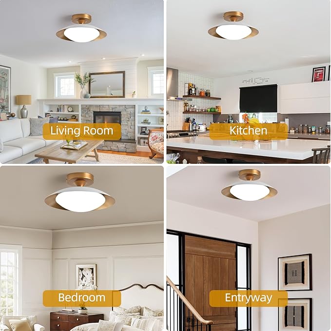 Dimmable Metal LED Flush Mount Ceiling Light, 5CCT 2700K-6000K White and Gold Close to Ceiling Lighting Fixtures, Mid Century Ceiling Lamp for Bedroom, Kitchen, Hallway, Laundry Room (11.8in)