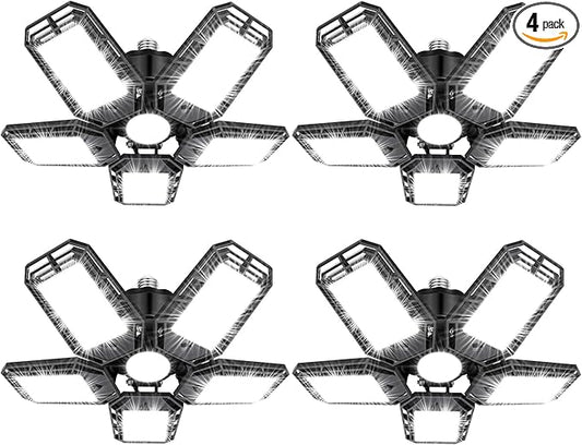LED Garage Lights 4 Pack, Ceiling LED Shop Light 160W 16000LM 6500K Screw in Led Light with 5+1 Deformable Panels, Bright Led Lighting for Garage Workshop Basement Support E26/E27 Socket
