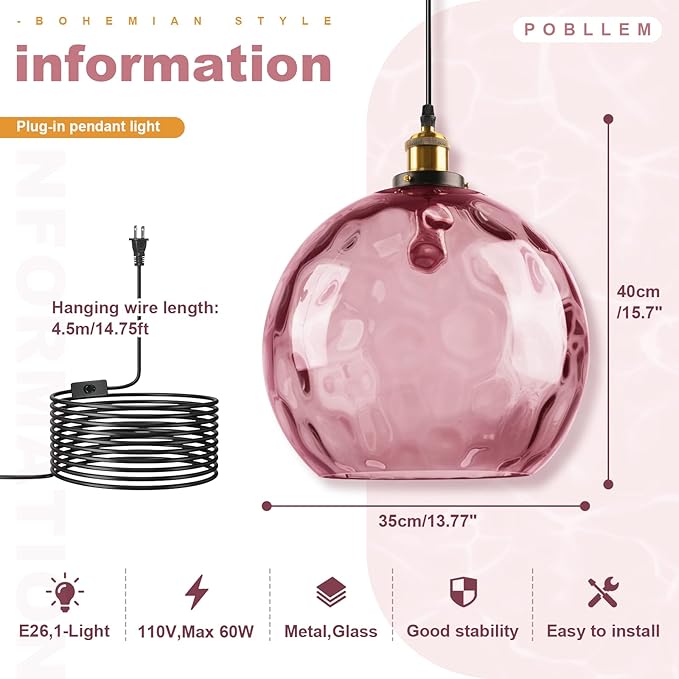 13.8-inch Globe Hanging Lamp with Plug in Cord, Pink Glass Pendant Light Vintage Plug in, Large Hammered Glass Hanging Swag Lamps for Kitchen Dining Room Girls Bedroom Living Room