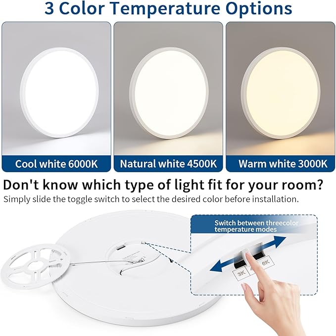 Modern 12'' Led Ceiling Light Fixture, 0.67 Inch Ultra Thin Flush Mount, Brightness Dimmable & 3000K/4500K/6000K Selectable, 22W 2200LM, White, for Bedroom, Kitchen, Dining Room, Home Office, Hallway
