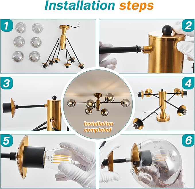 hesoge Modern Semi Flush Mount Ceiling Light Fixture 6-Light Sputnik Gold Chandelier with Glass Globe Mid Century Ceiling Lighting for Dinning Room Farmhouse Kitchen Bedroom Living Room