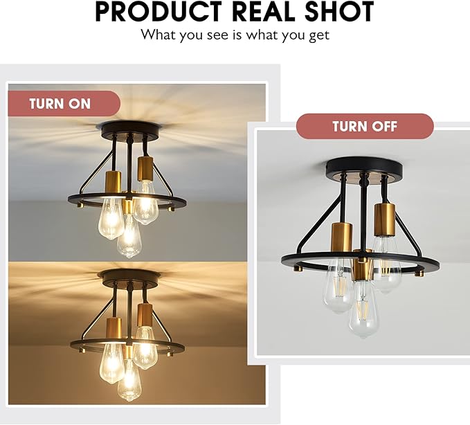 Industrial Semi Flush Mount Ceiling Light Fixture 3-Light Matte Black and Gold Chandelier E26 Farmhouse Ceiling Lamp for Entryway Hallway Bedroom Passway Balcony