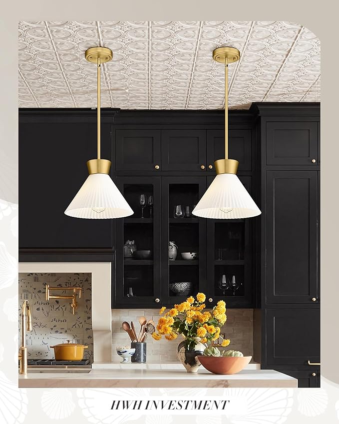 Modern Pendant Light Fixture, HWH White and Gold Kitchen Island Lights 11 Inch, 1-Light Hanging Lighting for Dinning Room Schoolhouse, Frosted Striped Glass Shade, 5HZG98MIL BG