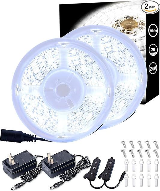 2 Set Led Strip Lights for Bedroom Dimmable 10 FT 180 LEDs Rope Light Flexible Super Bright White Tape Lights for Ceiling Room Home Decor Luces LEDs （20FT）
