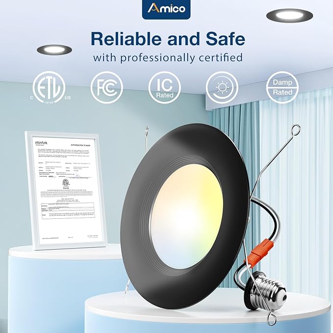 Amico 4 Pack 5/6 inch 5CCT LED Recessed Lighting, Dimmable, 12.5W=100W, 950LM, 2700K/3000K/4000K/5000K/6000K Selectable, Retrofit Can Lights with Baffle Trim, IC Rated - ETL & FCC, Black