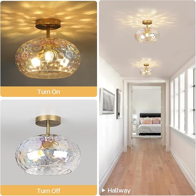 12" Iridescent Rainbow Hammered Glass Ceiling Light, 3-Light Semi Flush Mount Fixture, Modern Gold Lighting for Bedroom, Hallway, Kitchen, Dining Room, Living Room, Foyer