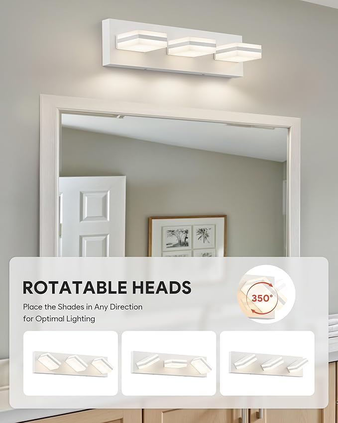 VONLUCE Bathroom Vanity Light Fixture, 3-Light Modern LED Vanity Lights, 3CCT Adjustable Bathroom Light with Memory Function Rotatable Shades, 18" Wall Lighting Fixture Over Mirror, Matte White