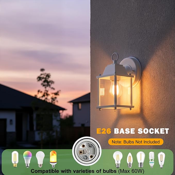 LIT-PaTH Outdoor Wall Lantern, Wall Sconce as Porch Lighting Fixture, E26 Base, Aluminum Housing Plus Glass, Water-Proof and Outdoor Rated, ETL Qualified, 1-Pack, White