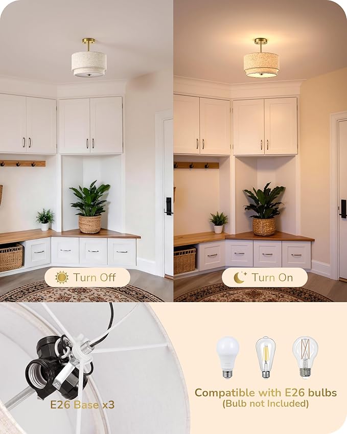 EDISHINE 12.6Inch Semi Flush Mount Ceiling Light, 3-Light Close to Ceiling Light Fixtures with Double Drum Linen Fabric Shade, Modern Mount Lamp for Bedroom Hallway Dining Room, Brushed Gold