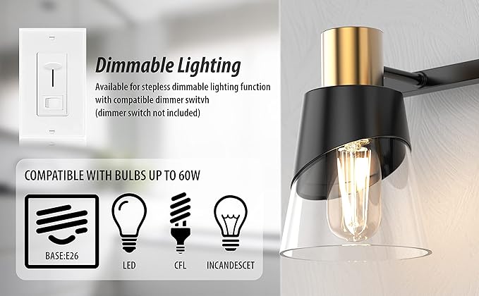 URSOLA Bathroom Vanity Light, 3 Lights Bathroom Light Fixtures Over Mirror, 20.47 inch Bathroom Light Fixtures, Black and Gold Design with Bevelled Edge and Clear Glass Shade Wall Lamp