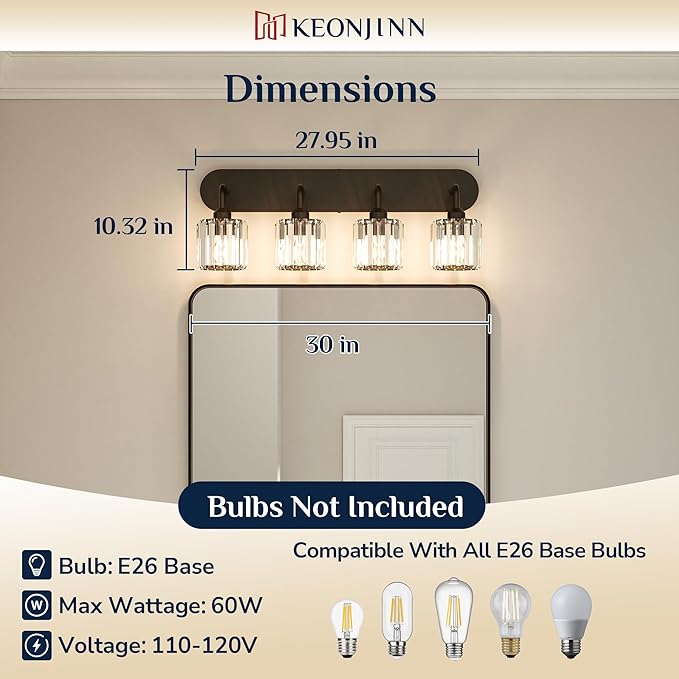 Keonjinn 4-Light Bathroom Light Fixtures, Crystal Black Bathroom Vanity Lights Over Mirror, Vanity Lighting Fixtures with Crystal Square Shades (E26 Socket, Exclude Bulb)