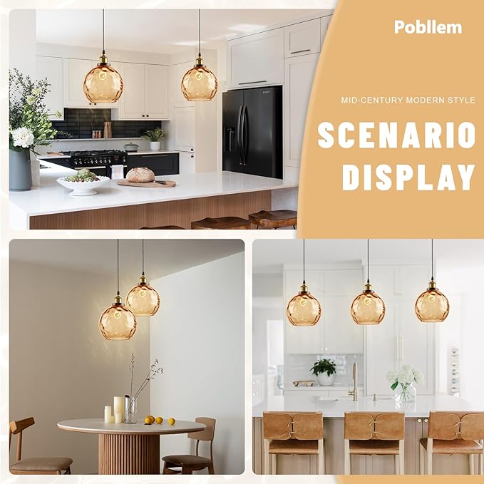 Amber Pendant Light Fixture, 7.8" Hammered Glass Globe Pendant Light with Brass Gold Cap, Adjustable Height 1-Light Vintage Hanging Light for Kitchen Island Dining Room Bedroom