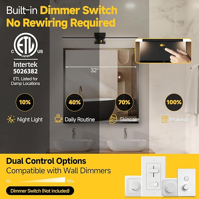 Vanity Lights 32 inch, 4-Level Brightness Built-in Dimmer, 18.5W Dimmable 5CCT Bathroom Light Fixtures Over Mirror, Black Vanity Lights for Bathroom Mirror Bedroom-FCC & ETL Certified