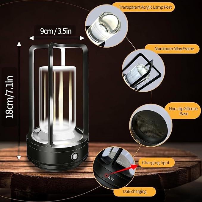 Portable Metal Table Lamp, 4000 mAh Rechargeable Outdoor Table Lamp, 3 Color Stepless Dimmable Cordless Table Lamps for Patio, Camping, Coffee Table Decor for Indoor/Outdoor (Black Set of 2)