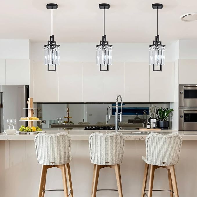 Modern Black Pendant Light Fixtures for Kitchen Island and Dining Room, Industrial Small Hanging Crystal Chandelier Light Fixture for Bedroom Entryway Living Room Foyer Hallway 3-Pack