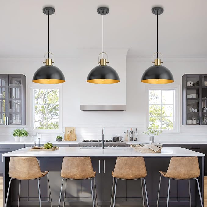 12 Inch Farmhouse Pendant Lights, Black Pendant Lighting for Kitchen Island, lndustrial Adjustable Height Hanging Light for Barn, Dining Room, 2 Pack