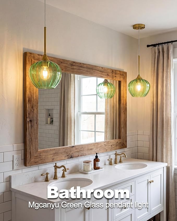 Green Glass Pendant Lights Kitchen Island, 7" Vintage Pendant Lighting with Brushed Gold Adjustable Hanging Light Fixtures for Kitchen, Dining Room, Sink, Bathroom