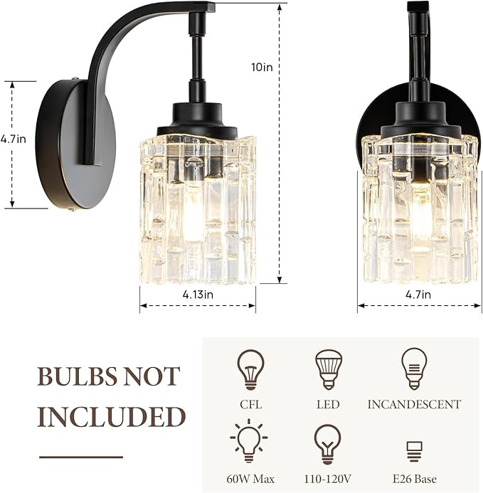 Matte Black Wall Sconce, 1-Light Bathroom Vanity Light Fixture with Clear Glass Shade,Modern Wall Light for Mirror Living Room Hallway Bedroom
