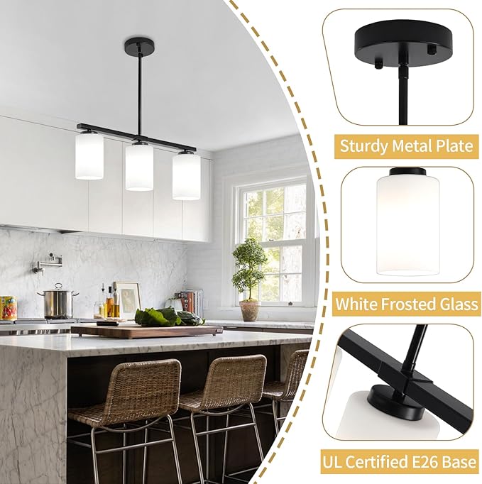 3-Light Modern Island Lights for Kitchen, Black Dining Room Light Fixtures Farmhouse Linear Chandeliers Over Table, White Frosted Glass Adjustable Hanging Light Kitchen Pendant Lighting Over Island