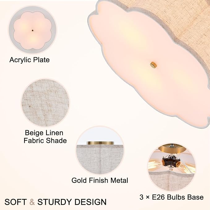 18" Modern Flush Mount Ceiling Light, 3-Light Large Gold Ceiling Fixture with Beige Linen Drum Shade, Flower Design Ceiling Lamp for Dining Room, Bedroom, Nursery, Entryway