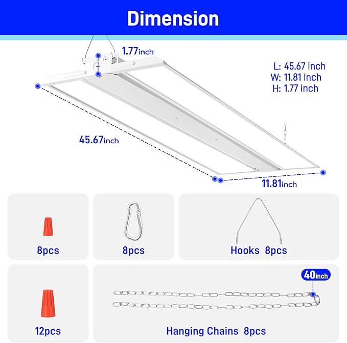 hykolity 4 Pack 4FT 250W LED Linear High Bay Shop Light, 33750LM 135LM/W, 100-277V, 0-10V Dim, 5000K Daylight Linear Hanging Light for Warehouse Workshops