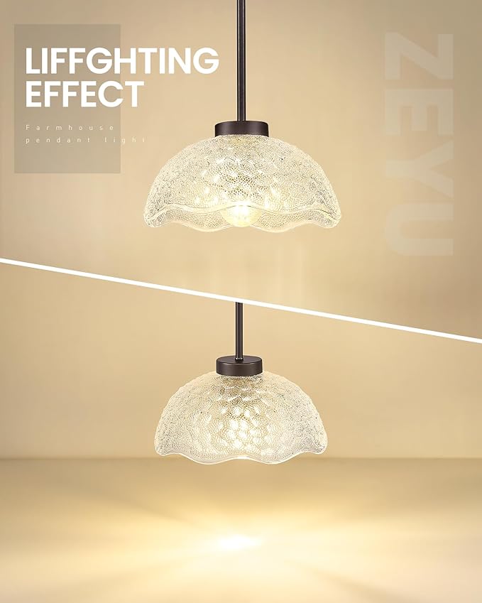 zeyu 1-Pack Adjustable Hanging Light, Bronze Pendant Light, Kitchen Island Hanging Ceiling Light with Clear Hammered Glass, Oil Rubbed Bronze Finish, ZJX116M1L ORB
