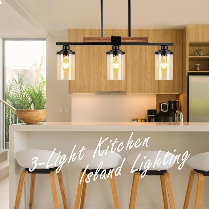 VenzBlomia Black Kitchen Island Lighting Fixture, 3-Light Farmhouse Dining Room Chandelier Over Table, Large Pendant Light Ceiling Hanging, Modern Dining Table Light with Adjustable Height