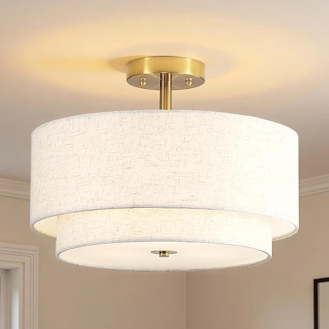 16" Semi Flush Mount Ceiling Light Fixture, 3-Light Black Flush Mount Ceiling Light with Double Drum Fabric Shades for Dining Room Bedroom Kitchen Hallway Living Room, E26 Socket