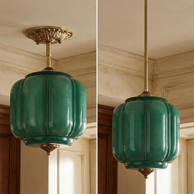 9.8" Milk Glass Pendant Light Fixture Modern Chandelier Vintage Semi Flush Mount Ceiling Light Height Adjustable Green Hanging 1-Light for Kitchen, Hallway, Bedroom, Dining Room