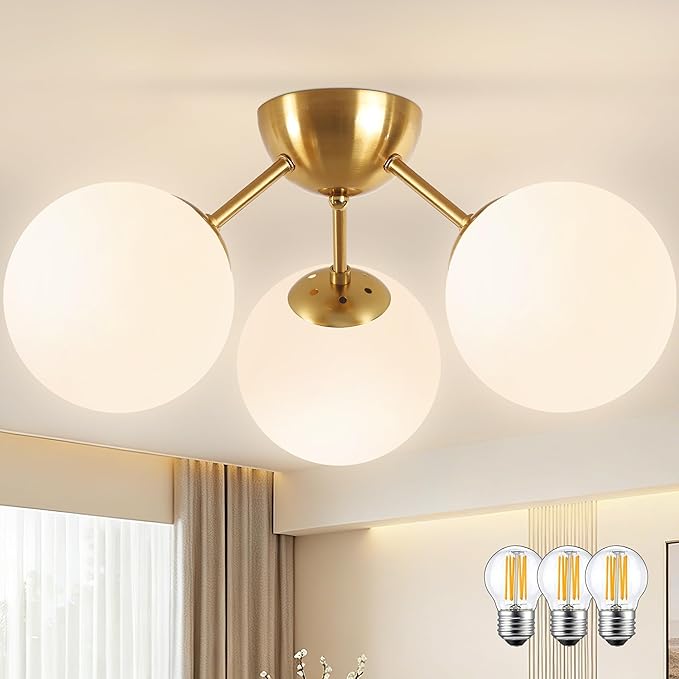Mid-Century Modern Semi Flush Mount Ceiling Light 3 Lights Opal Glass Modern Globe Ceiling Light Gold Brass Sputnik Chandeliers for Hallway Entryway Kitchen Bedroom Laundry(Bulb Incl.)